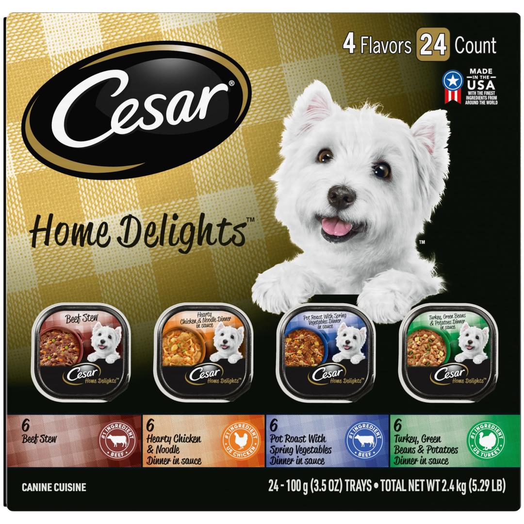 CesarHOME DELIGHTS Adult Wet Dog Food Pot Roast & Vegetable, Beef Stew, Turkey Potato & Green Bean, and Hearth Chicken & Noodle Variety Pack, 3.5 oz. Easy Peel Trays, Pack of 24