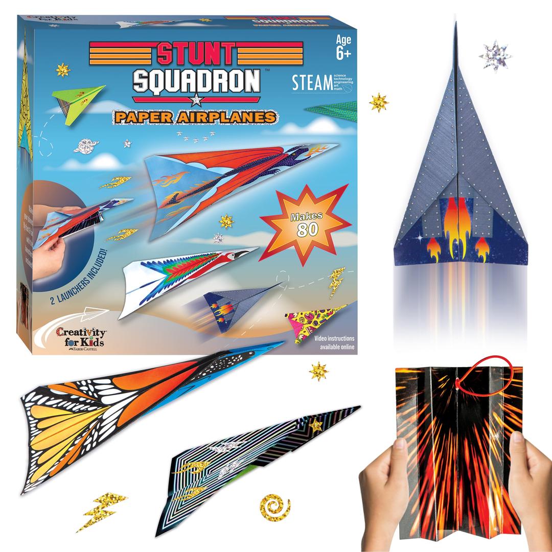 Creativity for Kids Stunt Squadron Fold & Launch Paper Airplanes: Create 80 Paper Airplanes, STEM Science Kit for Kids, Paper Airplane Craft Kit for Kids, Gifts and Toys for Boys Ages 6-8+