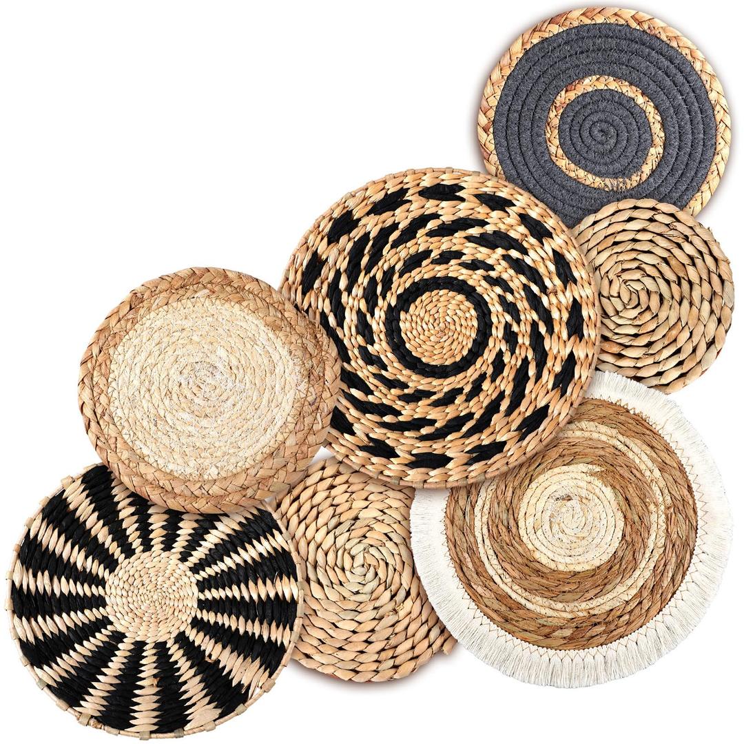 7 Pcs Boho Wall Basket Decor Hanging Handcrafted Seagrass Woven Basket Wall Decor Round Bohemian Basket Wall Art for Farmhouse Home Room Rustic Decorations Table, Multi Sizes (Classic)