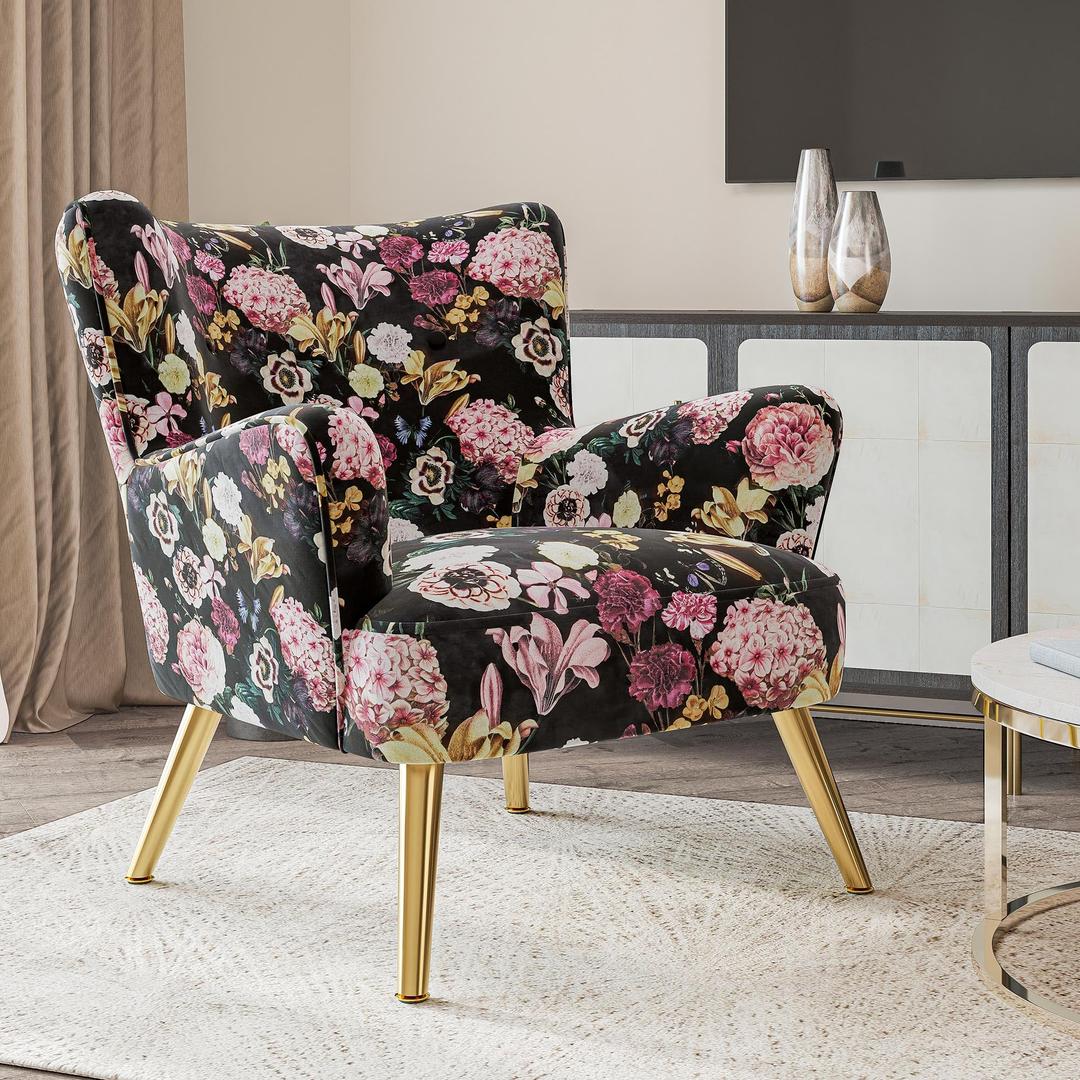 BELLEZE Modern Accent Chair, High Back Floral Pattern Armchair with Metal Legs, Upholstered Wingback Single Chair for Living Room Bedroom Office - Holland (Flower Print)