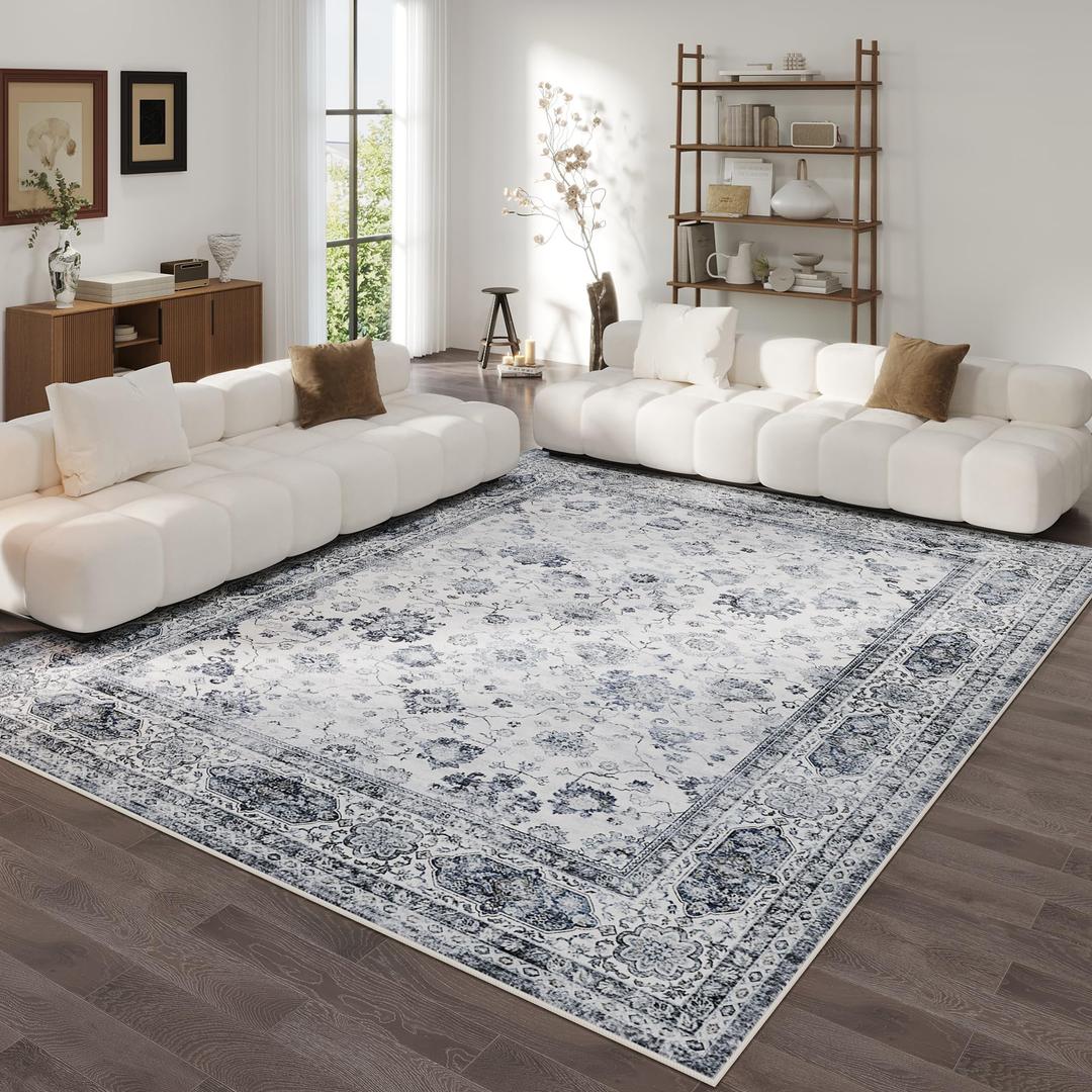 Area Rugs 8x10 Rug for Living Room Washable Boho Area Rug Non Slip Soft Vintage Low Pile Large Rug for Living Room, Bedroom, Farmhouse, Dining Room, Kids Playroom(Grey and White)