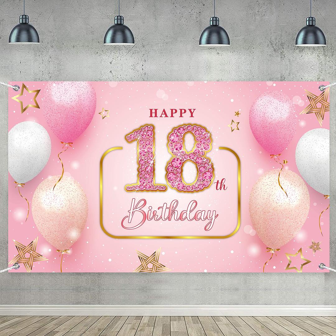 18th Birthday Backdrop, Happy 18th Birthday Decorations for Girls, Pink Birthday Photo Background Sign Booth Props,72.8 x 43.3 Inch