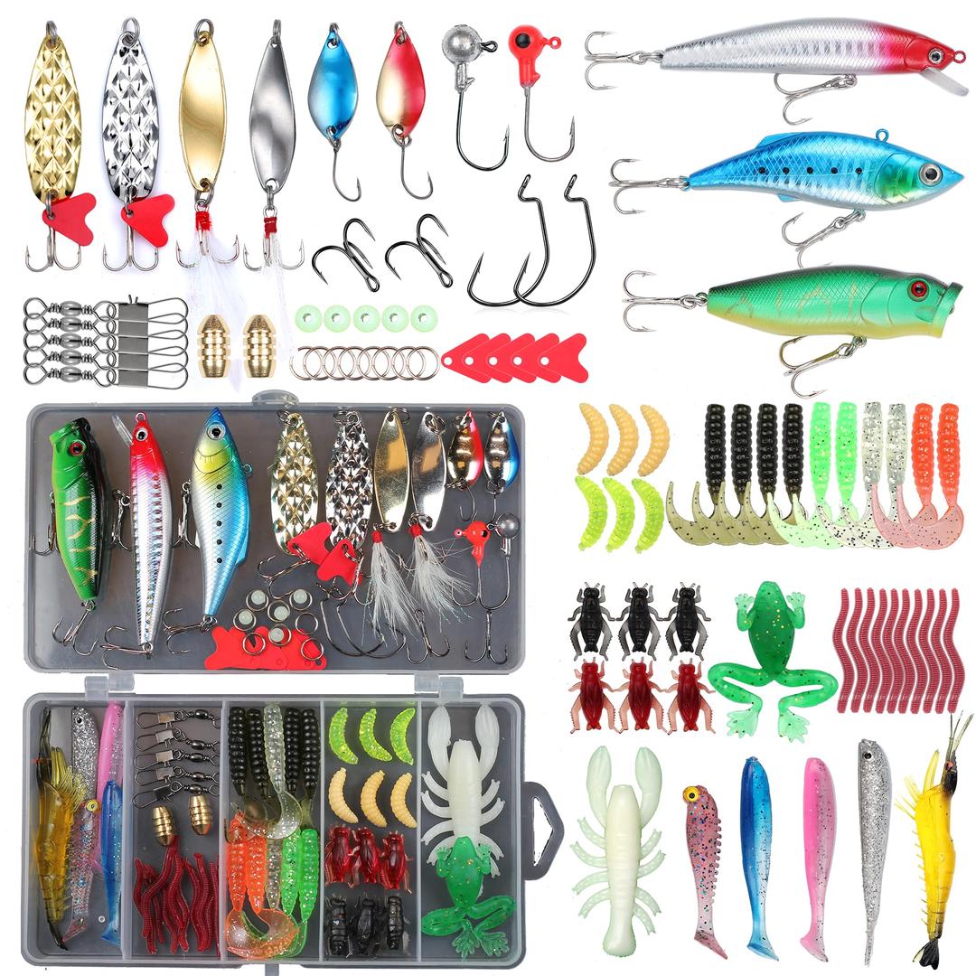 Fishing Lures Set Fish Lure kit for Bass Trout Salmon Freshwater Fish Tackle kit Including Plastic Shrimp Worm Bait Spoon Grasshopper Crankbait Jigs Hooks Fishing Gear and Equipment