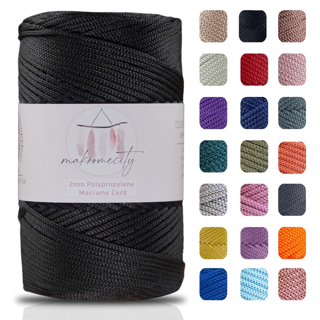 Makromecity, Polyester Macrame Cord 2mm x 250 Yards (750 feet) 2mm Polypropylene Black Macrame Cord for Macrame Art & Crafts for Wall Hangings, Bags, Underplate, Rug (29 Colors Available)