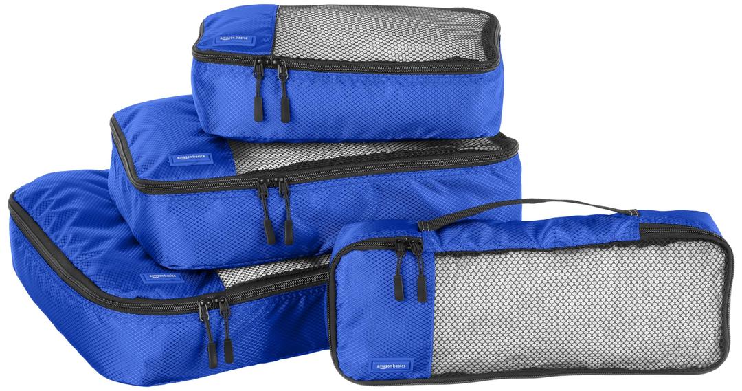 Amazon Basics Lightweight Packing Cubes for Travel, Packing Organizers, 4-Piece Set With Double Zipper Pulls and Mesh Top Panel, 100% Durable Polyester