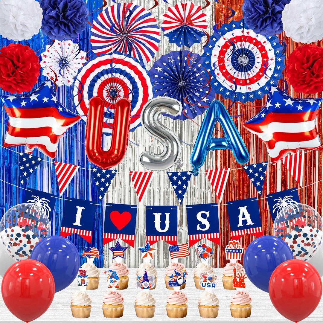 53 Pcs Patriotic Decorations,4th of July Decorations Including Paper Fans,Paper Pom Poms,Balloons,Pennant,Hanging Swirl,Foil Curtain,for Veterans Independence Day Decorating Supplies