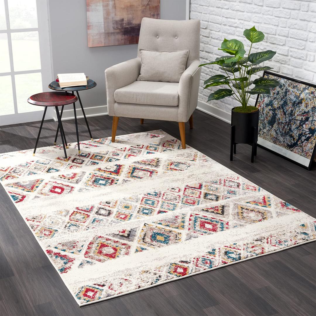 Rug Branch Nova Contemporary Boho Cream Red Indoor Area Rug for Living Room, Bedroom, Dining Room, and Kitchen - 4' x 6' (3'9" X 5'6")