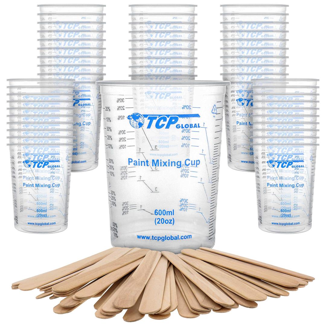 TCP Global20 Ounce (600ml) Disposable Flexible Clear Graduated Plastic Mixing Cups - Box of 50 Cups & 50 Mixing Sticks - Use for Paint, Resin, Epoxy, Art, Kitchen - Measuring Ratios 2-1, 3-1, 4-1, ML