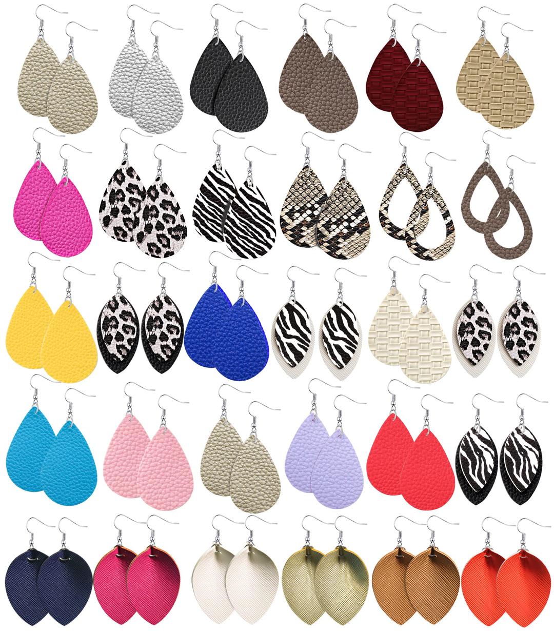 Gushu 30 Pairs Leather Earrings for Women Sets Drop Leather Earrings Multipack Colorful Leaf Teardrop Dangle Earrings Bulk for Girls Double-Side Printed