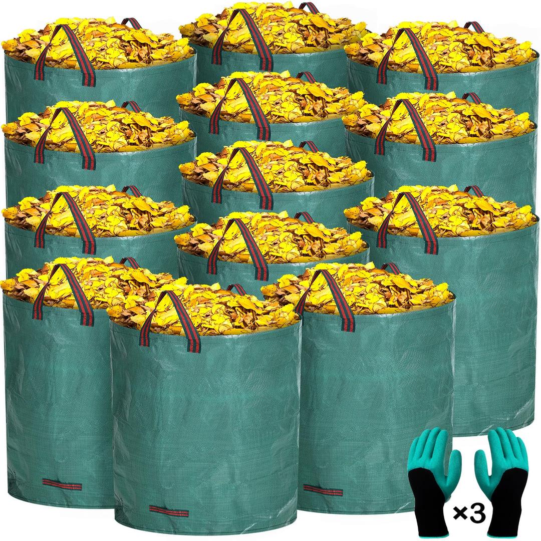 Windyun 132 Gallons Reusable Garden Bags Large Heavy Duty Gardening Bag Leaf Bag Holder Lawn Pool Garden Waste Bags Garden Trash Bags Leaf Container with Gloves for Collecting Leaves (12 Pcs)