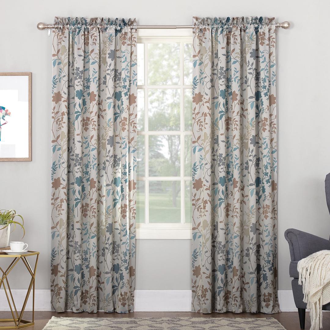 Sun Zero Kara Floral Print Energy Efficient Rod Pocket Single Curtain Panel, 54" x 84", Stone