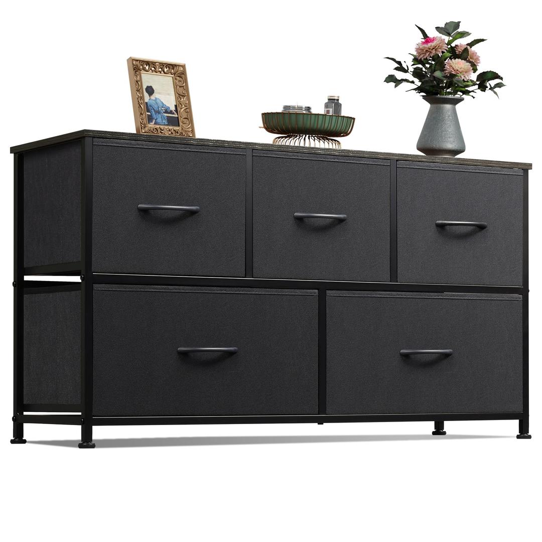 WLIVE Dresser for Bedroom with 5 Drawers, Wide Chest of Drawers, Fabric Dresser, Storage Organizer Unit with Fabric Bins for Closet, Living Room, Hallway, Charcoal Black