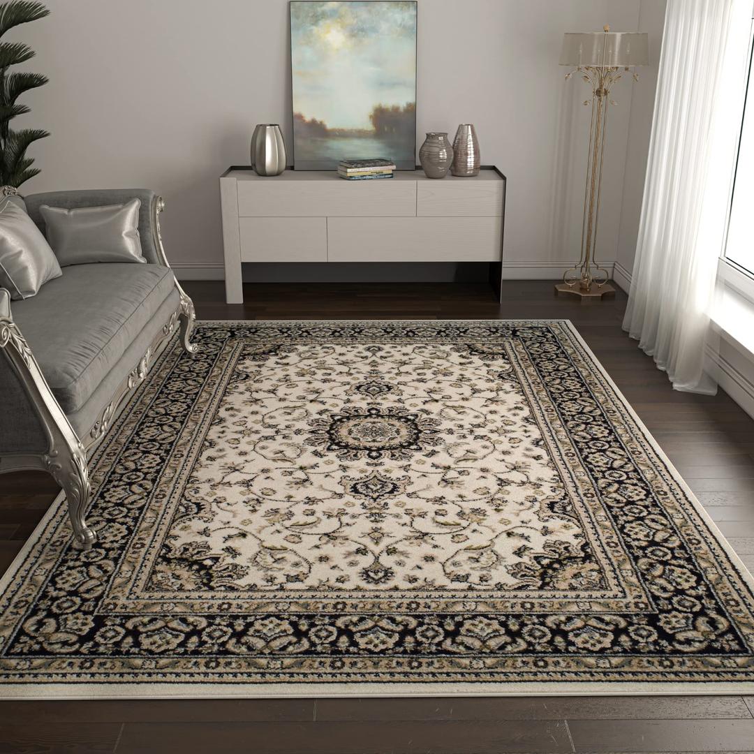 AS Quality Rugs Area Rugs, Persian Traditional Rug for Bedroom, Oriental Rug for Living Room, Easy-Cleaning & Washable, Stain Resistant, Isfahan Oriental Carpet, Eco-Friendly (Ivory, Large 8x11)