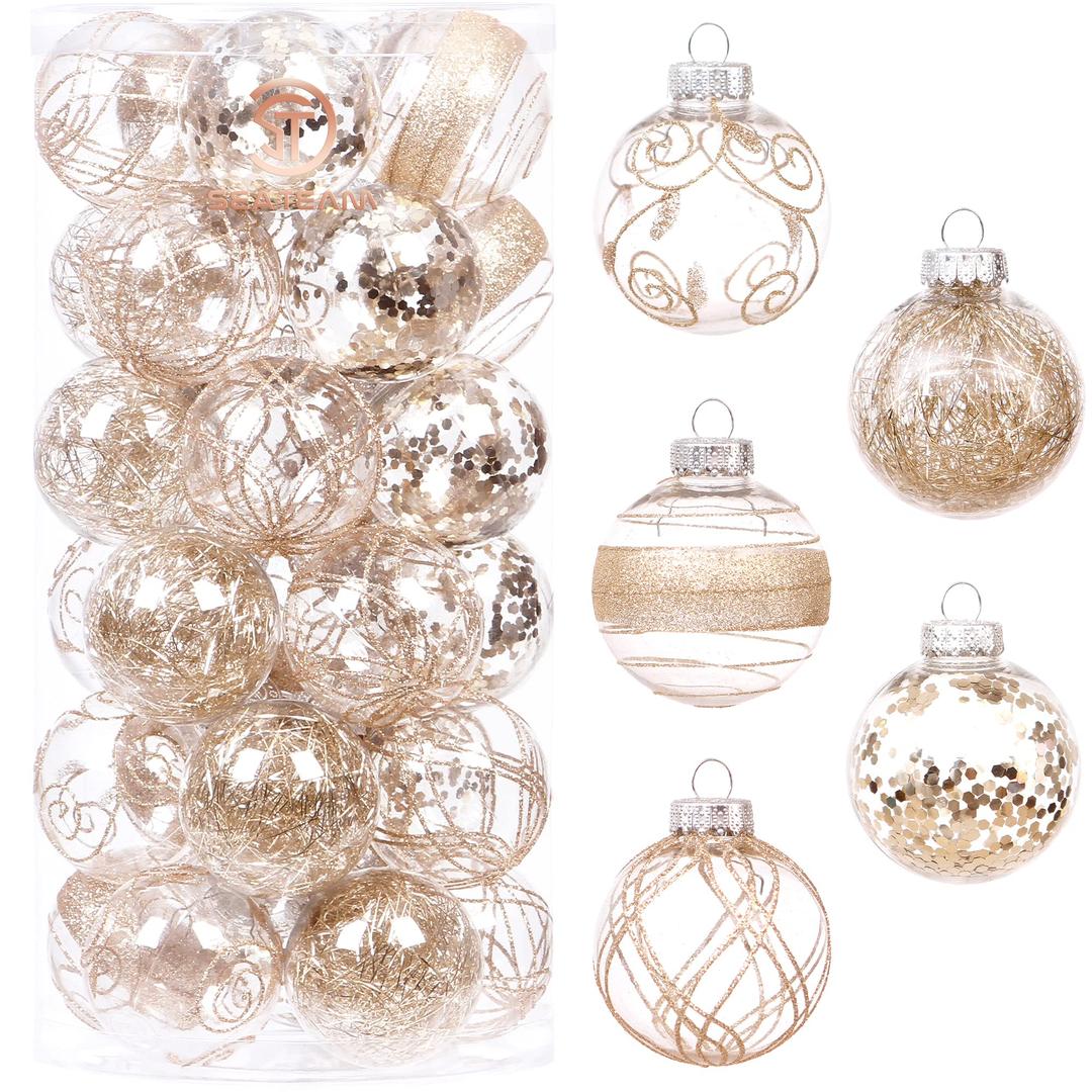 Sea Team 60mm/2.36" Shatterproof Clear Plastic Christmas Ball Ornaments Set with Glitter Painting, Transparent, See-Through, Crystal Baubles, Xmas Tree Decorations (30 Counts, Champagne)