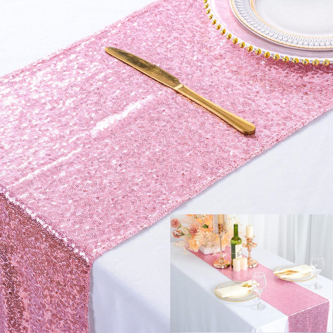 ShinyBeauty 12x72-Inch Sequin Table Runner Pink Gold for Wedding 30cm x 180cm Glitter Table Runner Dining Table Runner Happy Birthday Decorations