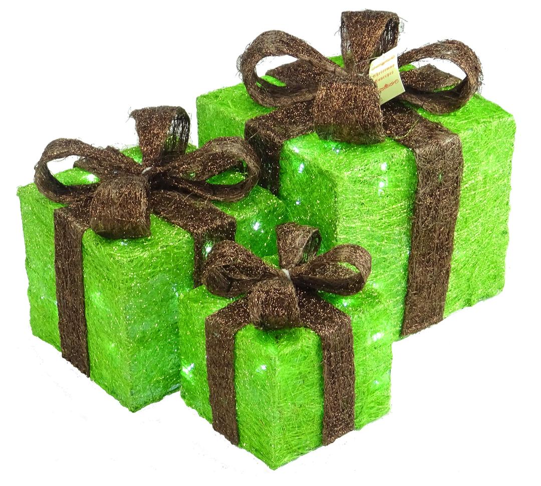 3 Piece Light Up Christmas Parcel Set - Rattan Christmas Decorations (Lime Green & Brown)