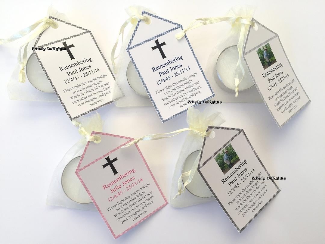 40 Remembrance, Funeral DIY Organza Bag, Candle & Personalised Tag Favours