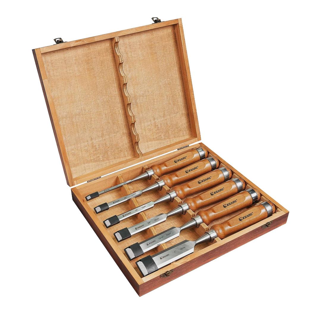 EZARC 6 Pieces Wood Chisel Tool Sets Woodworking Carving Chisel Kit with Premium Wooden Case for Carpenter Craftsman