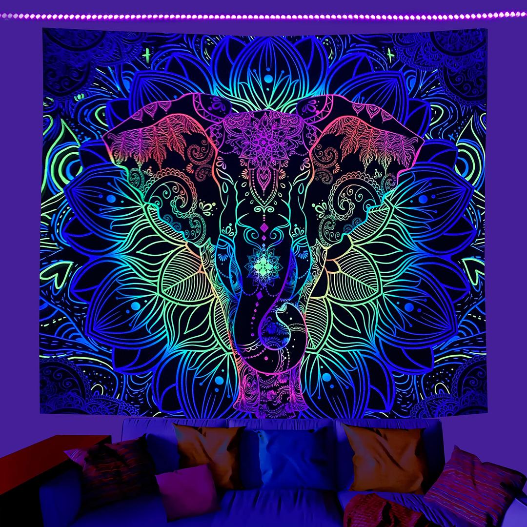 Black Light Tapestry UV Reactive Mandala Elephant Tapestry Blacklight Tapestry Buddha India Elephant Aesthetic Wall Hanging for Bedroom Living Room 60x51 Inches