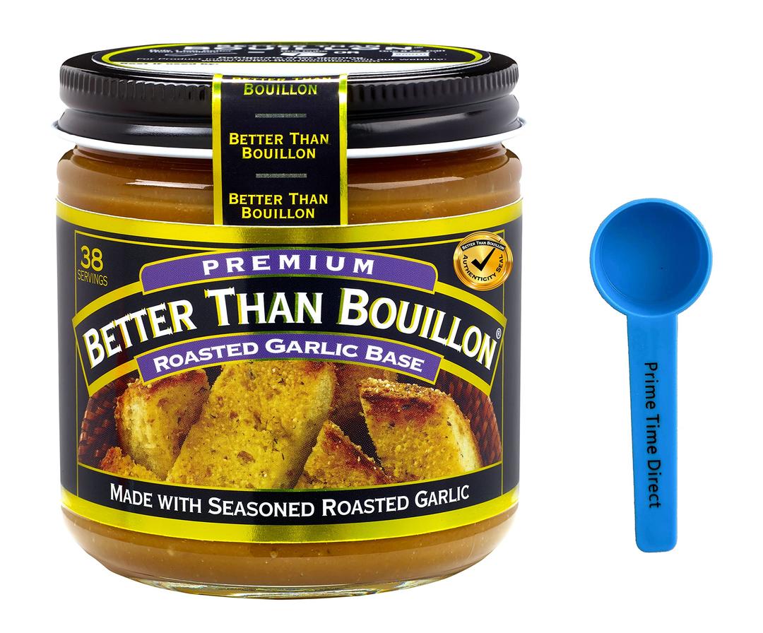 Better Than Bouillon Roasted Garlic Base 8 oz (Pack of 1) Bundle with PrimeTime Direct Teaspoon Scoop with BTB Authenticity Seal