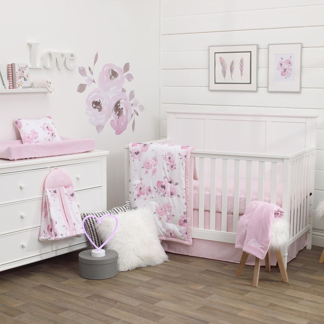 NOJO Dreamer Watercolor Floral 8 Piece Nursery Crib Bedding Set, Rose/Pink/White