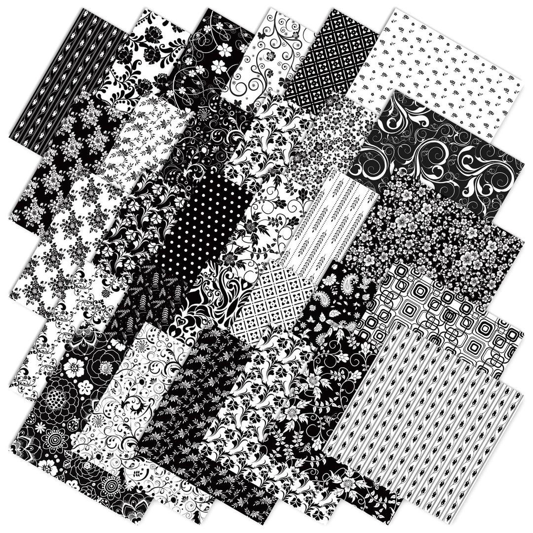 Whaline 60Pcs Flower Cotton Fabric Bundles Black White Floral Fat Quarters Flower Leaves Sewing Fabrics for DIY Handmade Crafting, 10 x 10 Inch