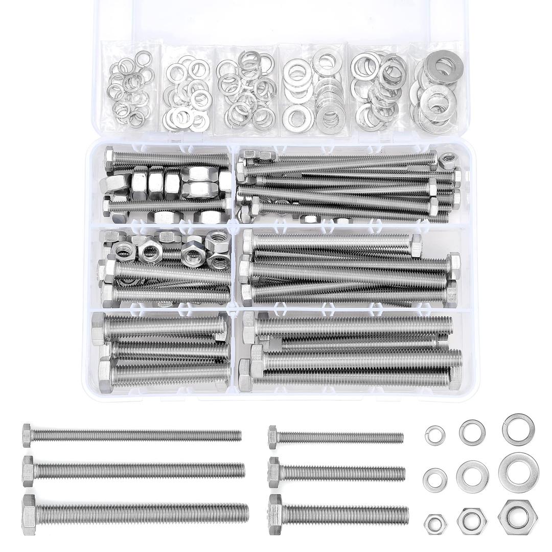 164 Pcs Hex Head Nuts and Bolts Assortment Kit - M6/M8/M10 Silver 304 Stainless Steel Screws Metric Machine Screws Include Flat & Lock Washers (K13 Long Sets)