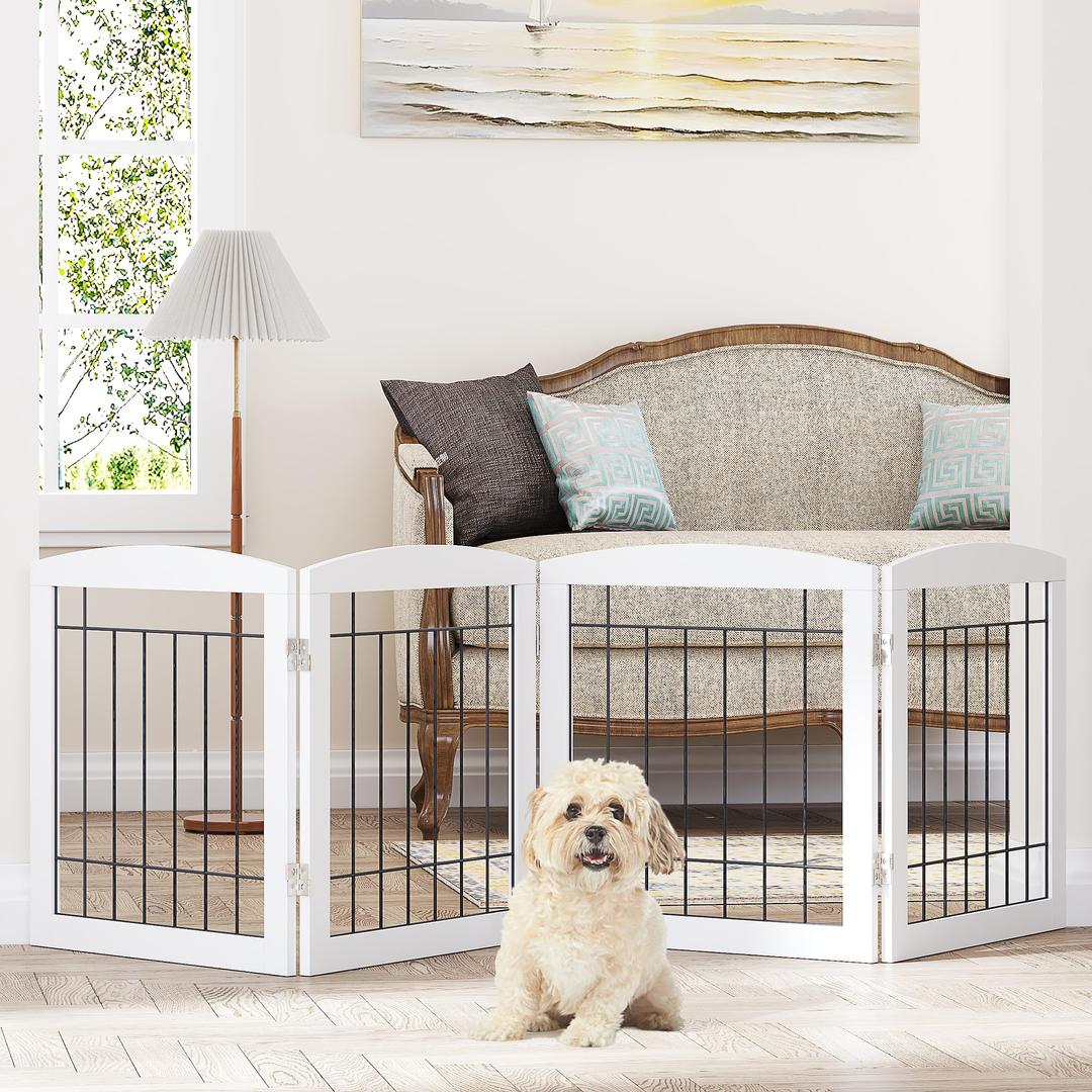 PAWLAND Dog Gate for The Doorways House Stairs Foldable Freestanding Indoor Pet Gate for Dogs Wooden Puppy Safety Fence 80" Wide 24" Height 4 Panels White