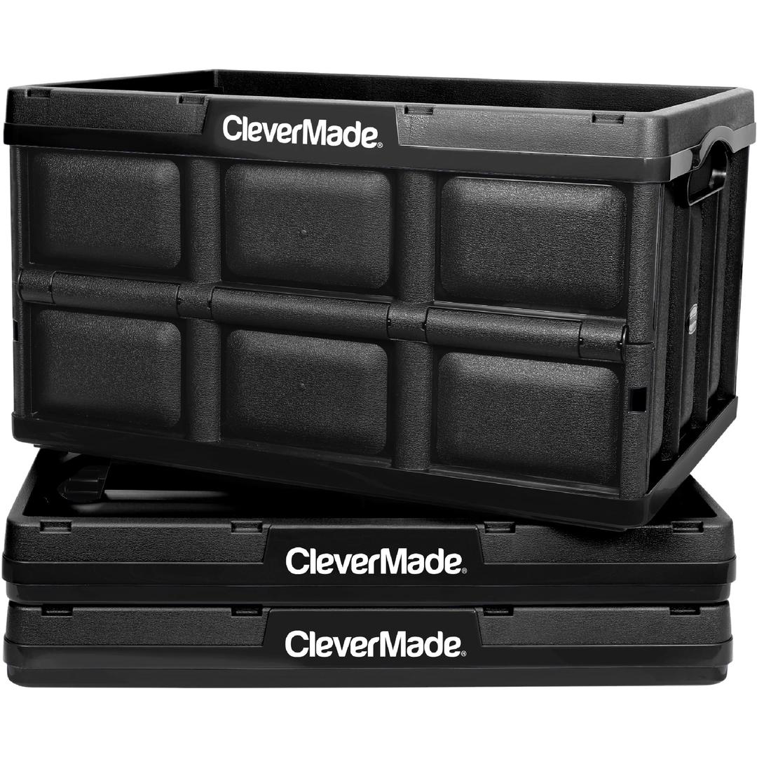 CleverMade Collapsible Storage Bin, Black, 3PK - 32L (8 Gal) Stackable Storage Containers, Holds 66lbs Per Bin - Plastic Storage Bins for Organizing, Closet Storage, Garage Storage