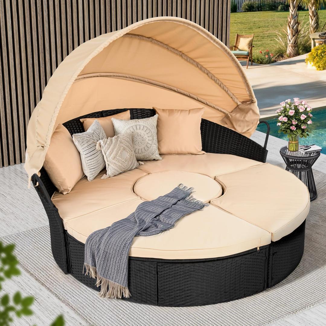 YITAHOME Outdoor Furniture Patio Round Daybed with Retractable Canopy, Soft Cushions, and Storable Side Table for Leisure in Porch Backyard, Light Brown & Beige