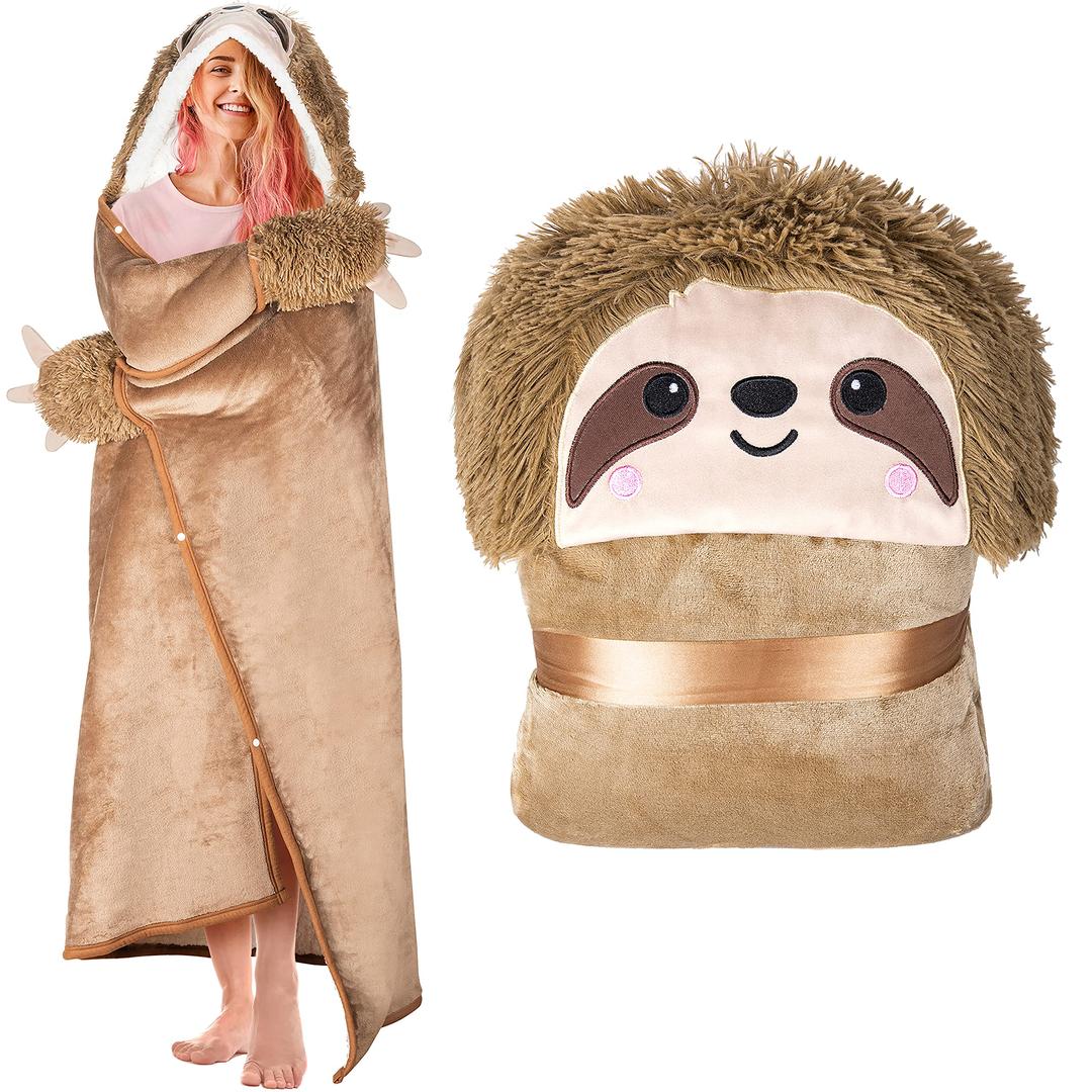 Sloth Wearable Hooded Blanket for Adults - Super Soft Warm Cozy Plush Flannel Fleece & Sherpa Hoodie Throw Cloak Wrap - Sloth Gifts for Women Adults and Kids