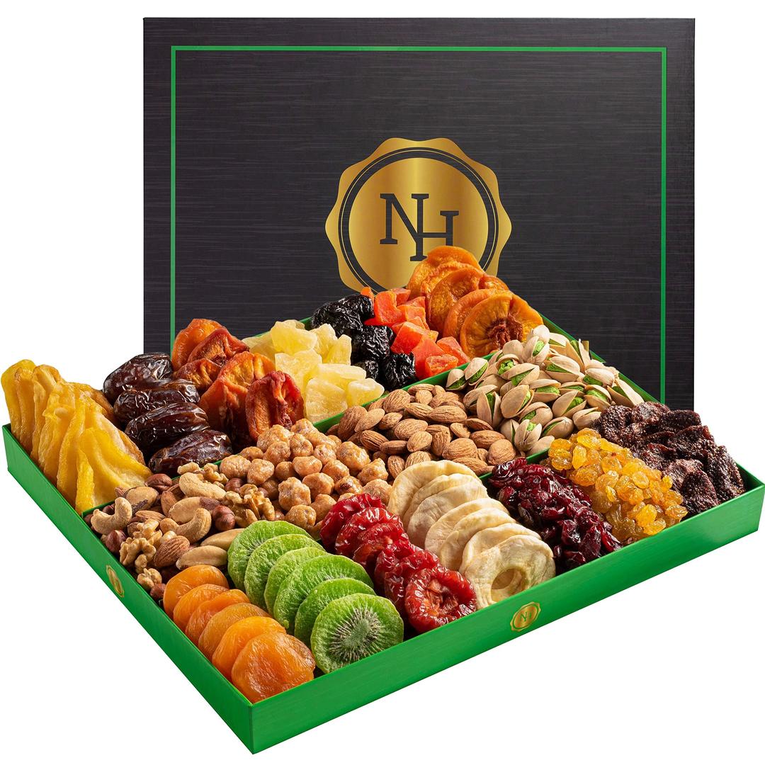 Holiday Christmas Dried Fruit & Nuts Gift Basket - Extra Large Selection of 18 Food Tray - Assorted Food Gift Box for Thanksgiving, Family, Men, Women, Husband, Sympathy, Men & Women.