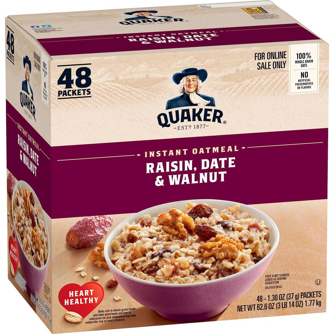 Quaker Instant Oatmeal, Raisin, Date and Walnut, Individual Packets, 1.30 Ounce (Pack of 48)