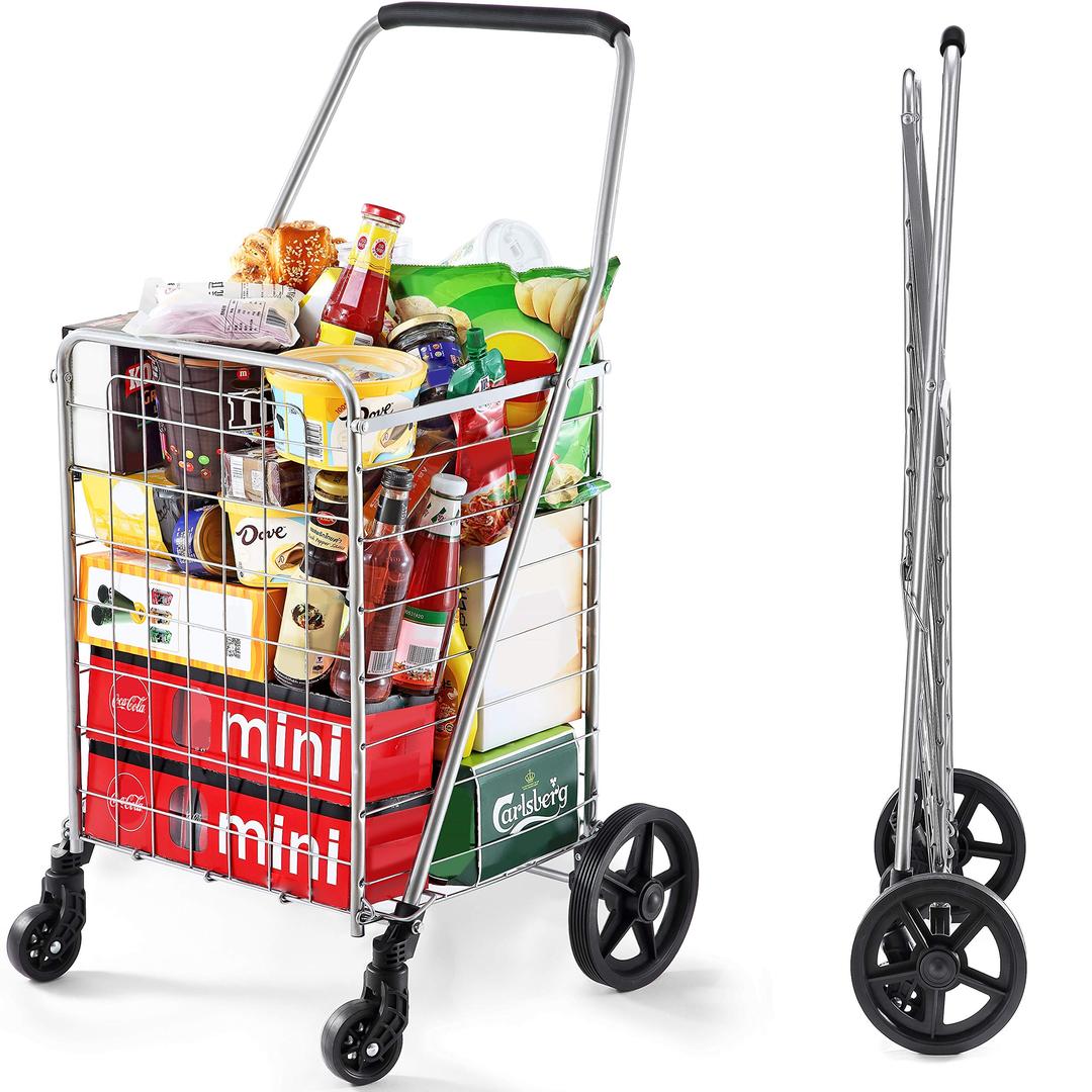 Wellmax WM99024S Grocery Utility Shopping Cart, Easily Collapsible and Portable to Save Space and Heavy Duty, Light Weight Trolley with Rolling Swivel Wheels