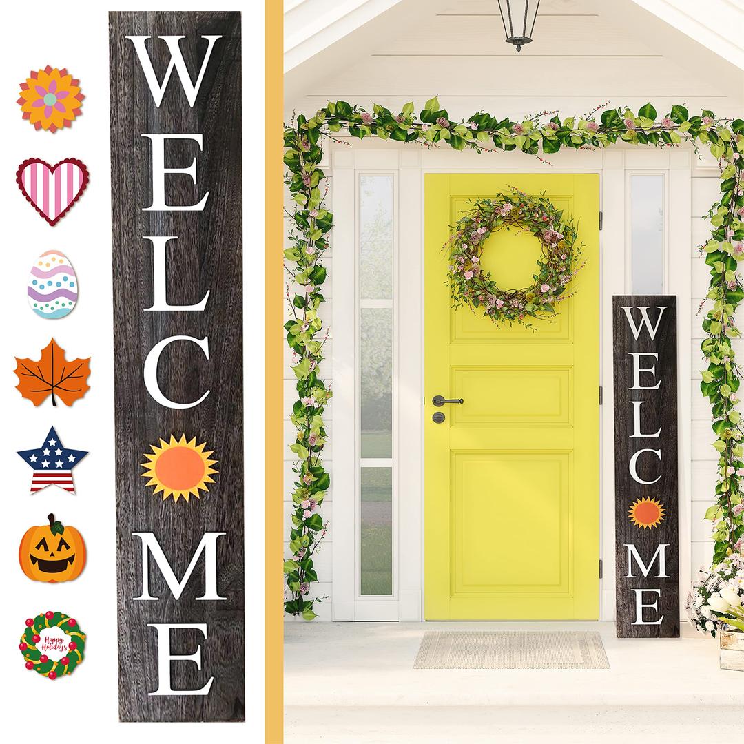 Premium Wooden Interchangeable Welcome Sign for Front Door Porch Sign - 5 ft (58 x 11 Inch) 8 Magnetic Seasonal Tiles, Fall Porch Signs, Holidays and Seasons, Weather Resistance Standing welcome sign Outdoor and Indoor (Gray)