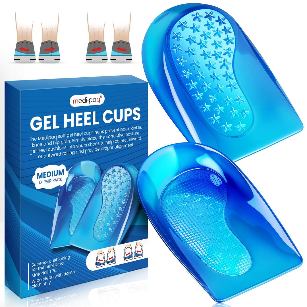 Medipaq Posture Correcting Gel Heel Levelling Supports - Angled Design Corrects Pronation or Supination - Plantar Fasciitis Medium