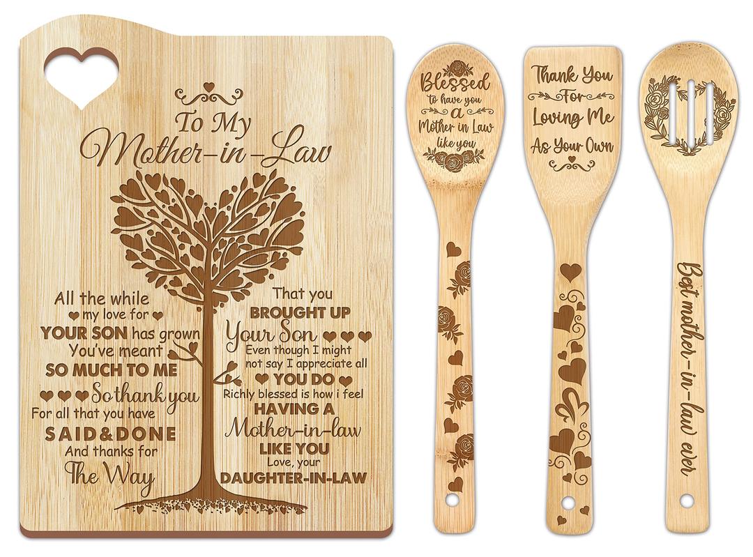 cocomong Mothers Day Mother in Law Gifts, Gifts for Mother in Law from Daughter in Law - Mother in Law Cutting Boards Gift with Utensil Set - Unique Bamboo Cutting Board Present for Mother in Law