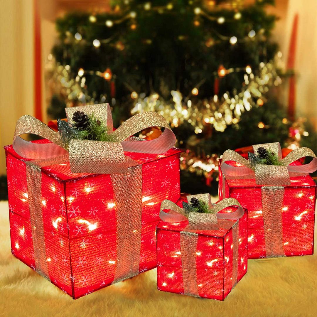 Funpeny Set of 3 Christmas Lighted Gift Boxes, 60 LED Red Christmas Box Decrations, Presents Boxes with Gold Bows for Christams Tree, Yard, Home, Indoor Outdoor Christams Decorations