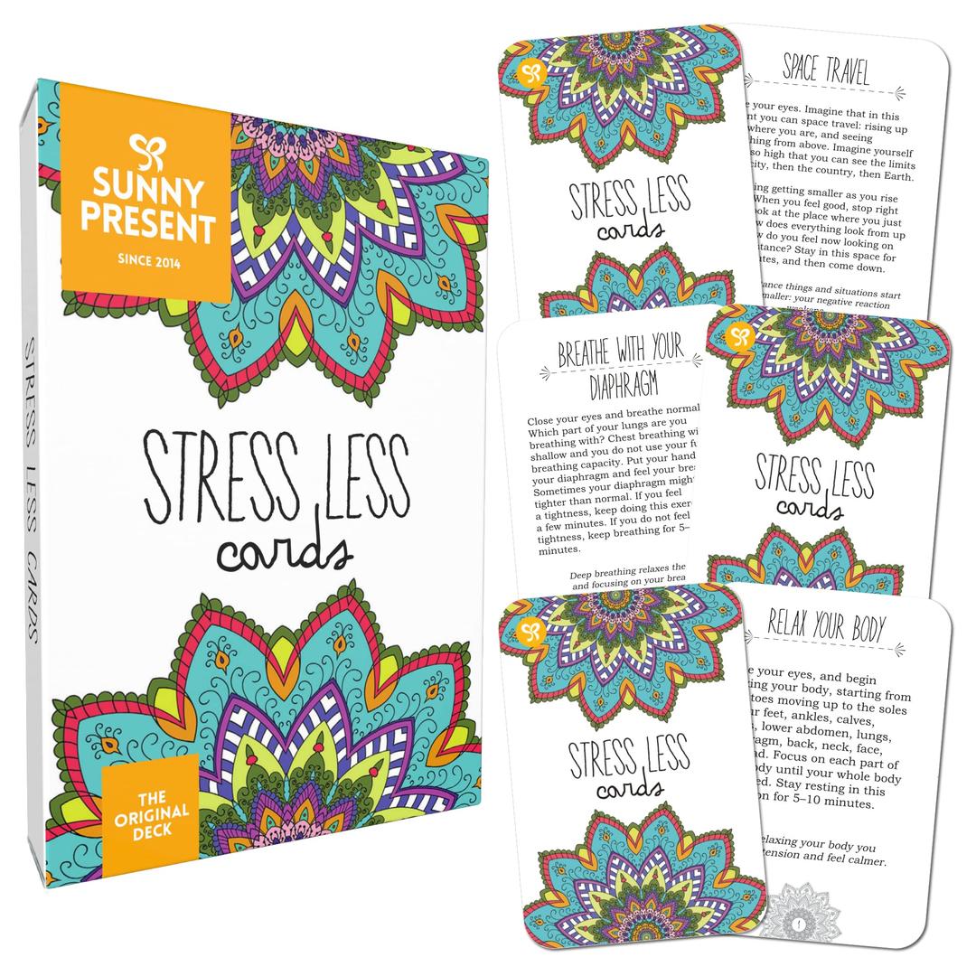 Sunny Present Stress Less Cards - 50 Mindfulness & Meditation Exercises - Self Care Cards That Helps Relieve Stress and Anxiety - The Original Deck