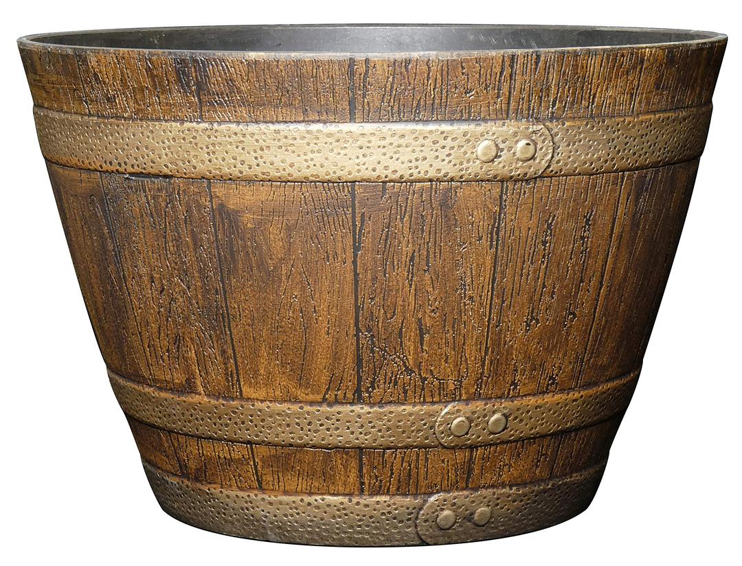 Classic Home and Garden Whiskey Plastic Resin Flower Pot Barrel Planter, Oak Brown, 15"