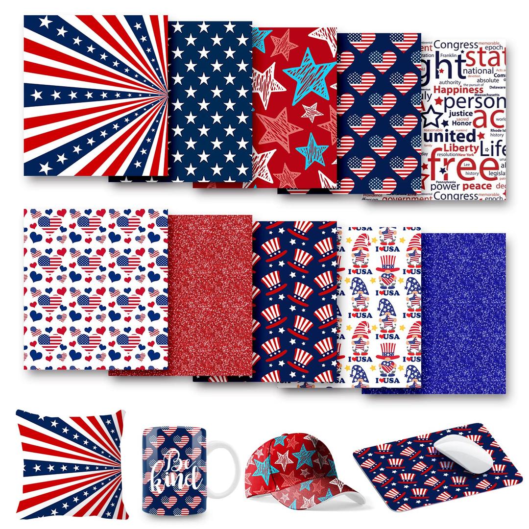 American Flag Infusible Transfer Ink Sheets, Didihou 12 x 10 Inch 4th of July HTV Vinyl Patriotic Red Blue Flag Star Printable Infusible Transfer Paper Sublimation for Mug Press, T-Shirts