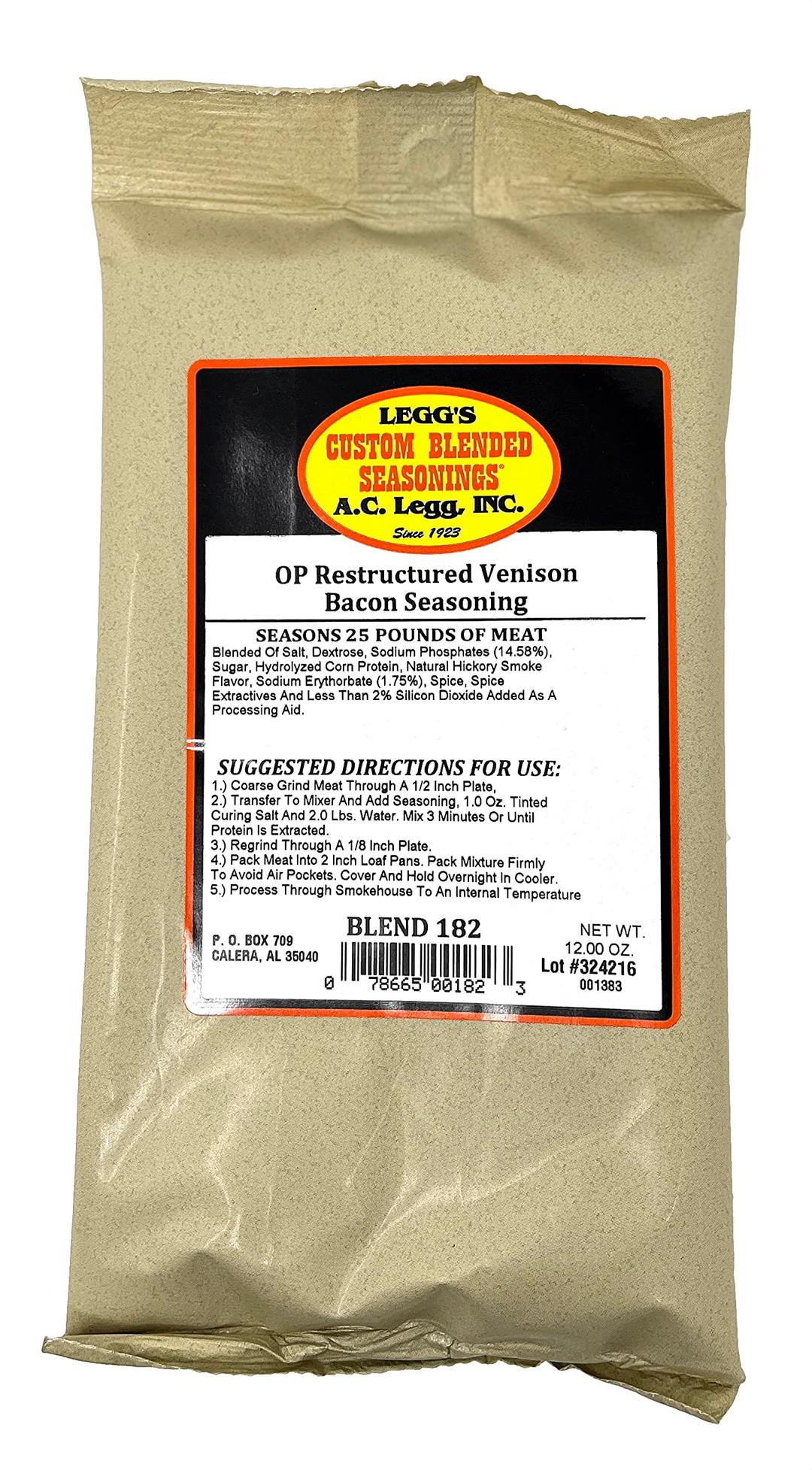 A.C. Legg - Restructured Venison Bacon Seasoning with Cure, 12 Ounce - For Up To 25 Pounds Of Meat