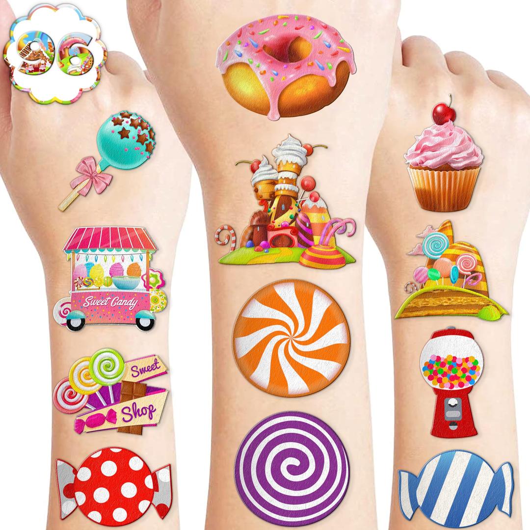 96 PCS Cute Candyland Candy Land Temporary Tattoos Theme Birthday Party Decorations Supplies Favors Decor Stickers Tattoo Gifts for Kids Girl Boys Games School Rewards Prizes Christmas Xmas Carnival