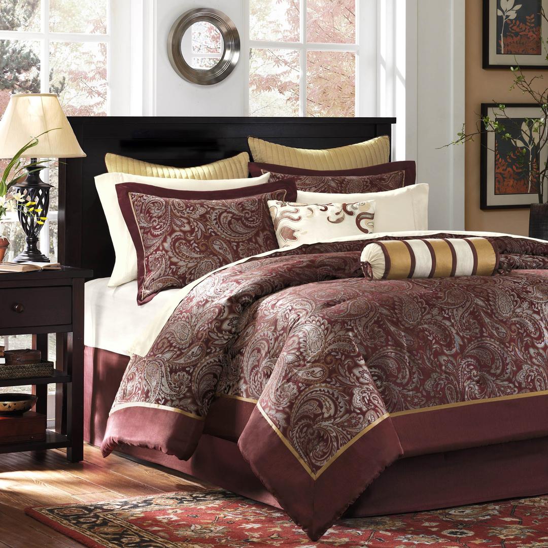 Madison ParkAubrey Cozy Comforter Set, Faux Silk Jacquard Paisley Design - All Season Down Alternative Bedding with Cotton Bed Sheets, Bed Skirt & Toss Pillows, Queen Red 12 Piece