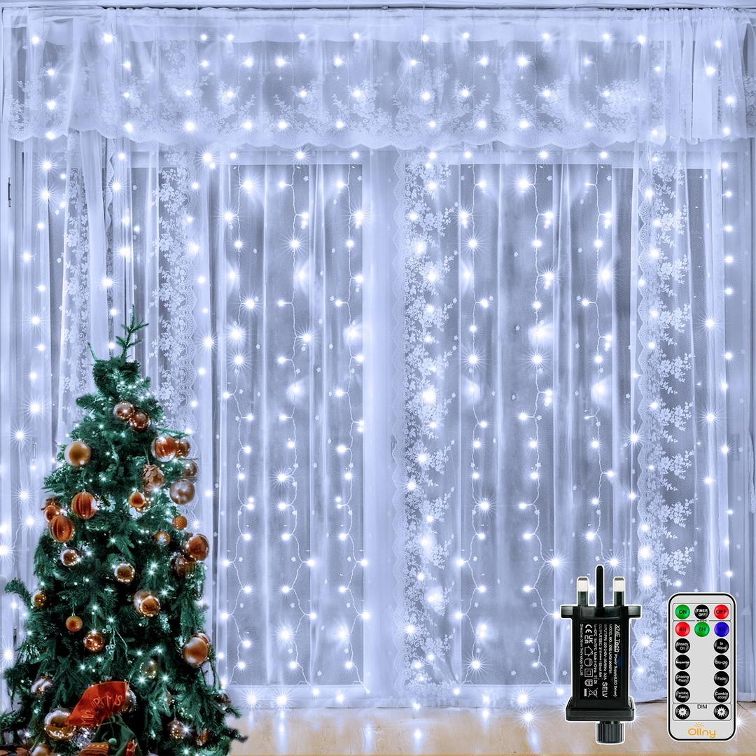 Ollny Curtain Lights Indoor Outdoor, 300LED 3mx3m Waterfall Hanging Plug in Fairy String Lights, 8 Modes/Remote/Timers Waterproof Christmas Window Lights for Bedroom/Wall/Outdoor/Wedding/Party Decor [Energy Class F]