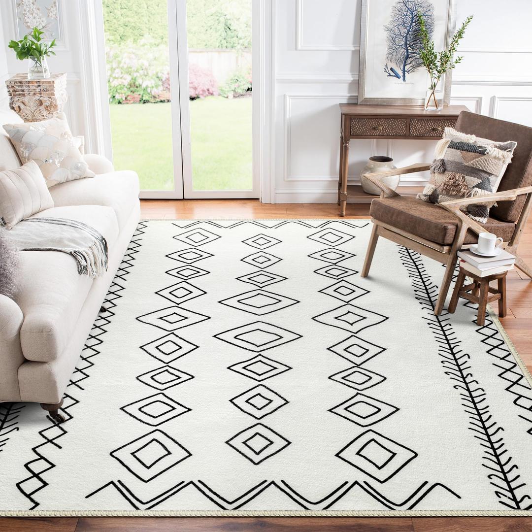 Modern Area Rugs 5x7, Soft Boho Washable Black and White Rug for Living Room Geometric Rug Non-Slip Neutral Carpet Stain Resistant Distressed Moroccan Rug for Bedroom, Kitchen, Dining, Office