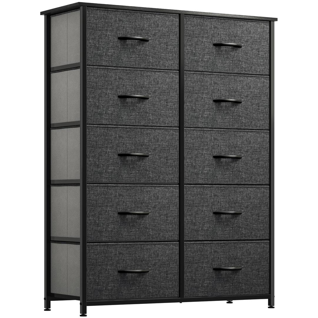 DWVO 10 Drawer Dresser - Fabric Storage Tower, Organizer Unit for Bedroom, Living Room, Hallway, Closets - Sturdy Steel Frame, Wooden Top & Easy Pull Fabric Bins