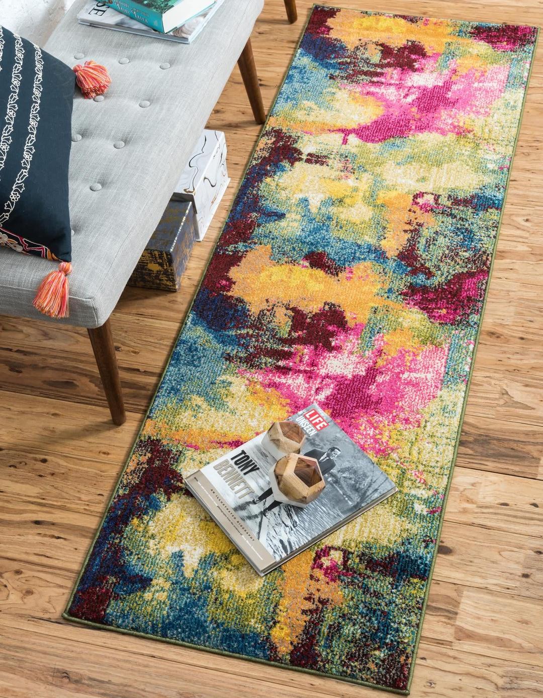 Unique LoomEstrella Collection Colorful, Abstract, Watercolor, Modern, Eclectic Area Rug, 2 ft 2 in x 6 ft 7 in, Multi/Beige