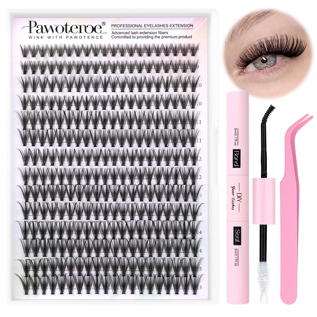 PawotenceLash Extension Kit DIY 280pcs Individual Lash Clusters Kit 30D Natural 8-15mm Cluster Eyelash Extensions Kit with Lash Bond and Seal, Lash Tweezers for Self Use (30D, 0.07D, 8-15mm, Kit)