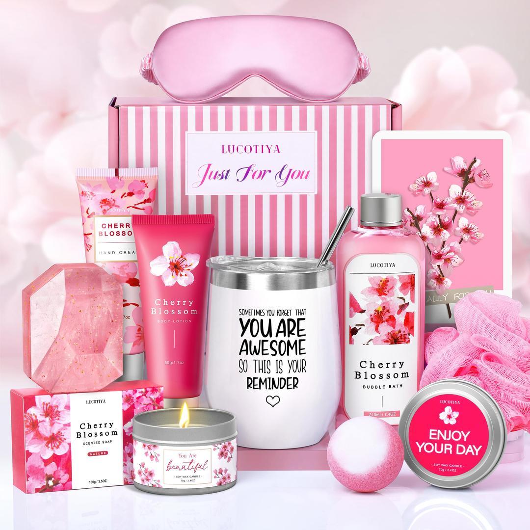 Gifts for Women Birthday Gifts, Bath and Body Gifts Set- 10 Pcs Christmas Valentine's Mother's Day Gifts and Cherry Blossoms Self Care Package Gifts Women, Relaxing Gifts Basket